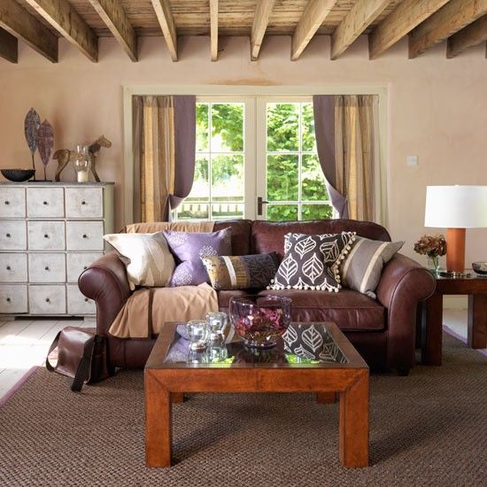 Country style decorating brown leather couch living room ideas | living room decorating ideas | country  style decorating BEZBADE