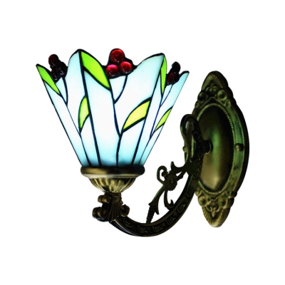 6 Inch Cherry Motif One-light Blue Stained Glass Tiffany Wall Lamp