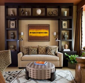 Contemporary living room with a fabulous display and a Moroccan rug