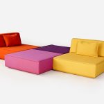 Colorful sofa landscape made from two back modules and two poufs