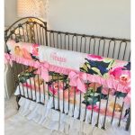 Navy Portadown Watercolor Floral Crib Bedding, Baby Pink Baby Bedding,  Bumperless Crib Bedding,