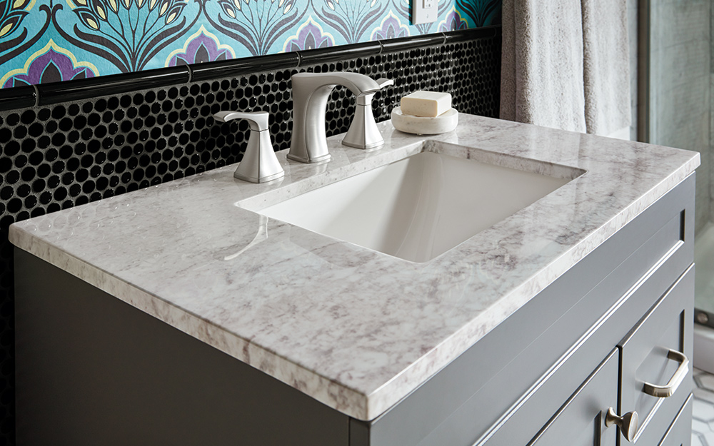 Marble Bathroom Vanity Countertops. A gray and white marble bath vanity  top. - Choosing a Bathroom Vanity
