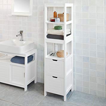 Traveller Location: Haotian FRG126-W, White Floor Standing Tall Bathroom Storage  Cabinet with 3 Shelves and 2 Drawers,Linen Tower Bath Cabinet, Cabinet with  Shelf