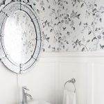 Bathroom wallpaper, Anthropologie Smoky Rose wallpaper, Charcoal grey  floral wallpaper, wallpaper and wainscoting, Venetian mirror bathroom,