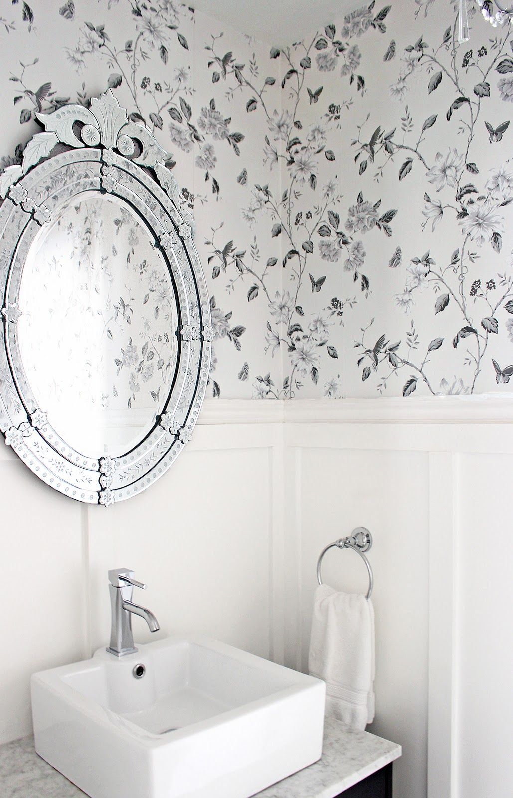Bathroom wallpaper, Anthropologie Smoky Rose wallpaper, Charcoal grey  floral wallpaper, wallpaper and wainscoting, Venetian mirror bathroom,