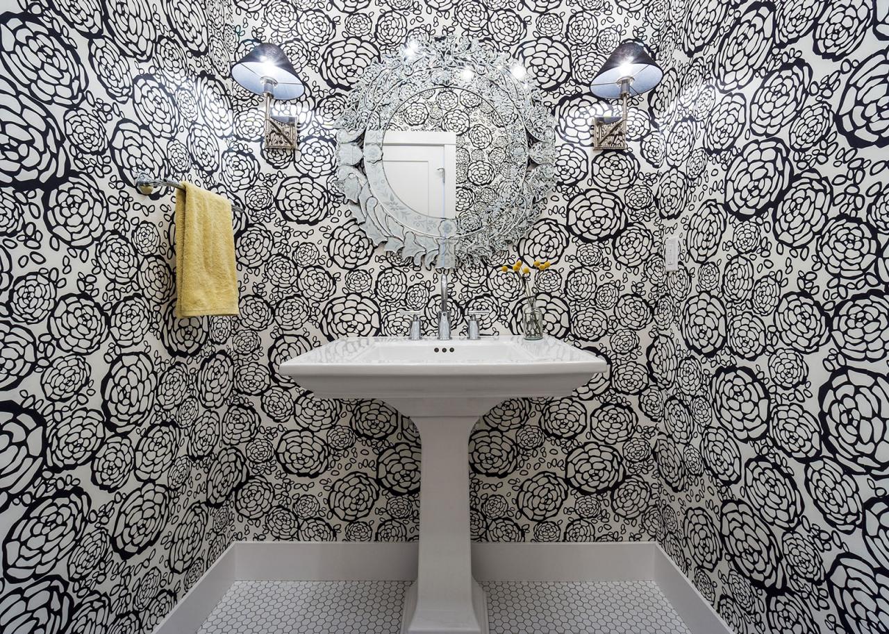 Bold Black and White Floral Wallpaper in Small Bathroom With White Pedestal  Sink