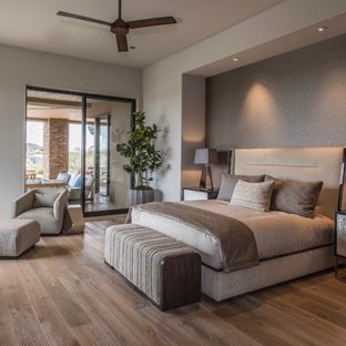 Example of a large trendy master medium tone wood floor and brown floor bedroom  design in
