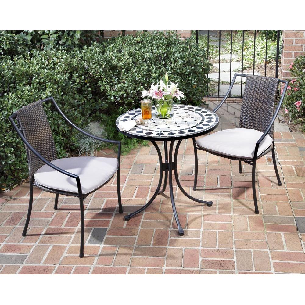Home Styles Black and Tan 3-Piece Tile Top Patio Bistro Set with Taupe  Cushions