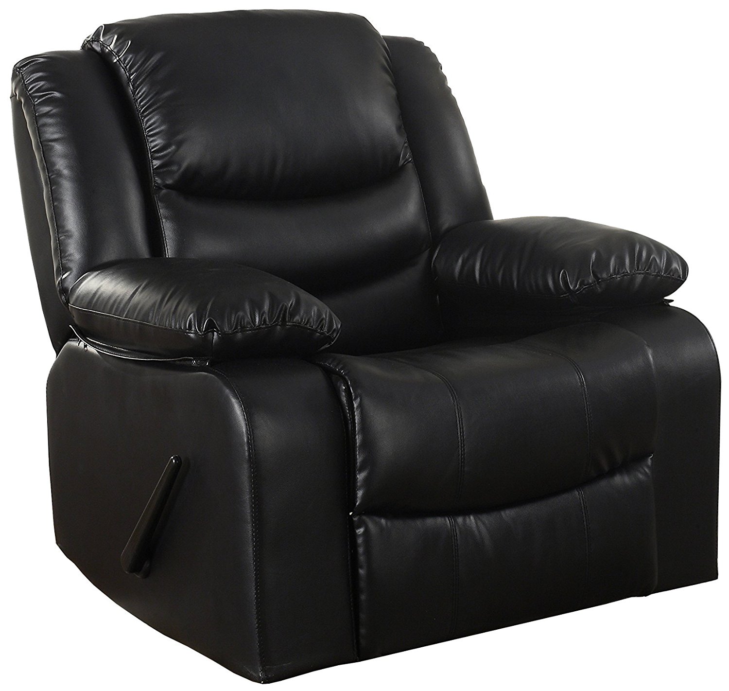 Black reclining rocker with bonded leather upholstery and overstuffed  padded seat and arm rests.