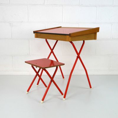 Vintage Red Children's Desk and Stool, 1970s, Set of 2 for sale at