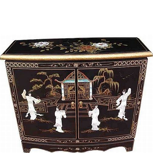The Grand Chinese Furniture Hand Finished Oriental Black Lacquer Cabinet  Mother of Pearl Inlaid