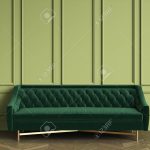 Illustration - Tufted dark green sofa in classic interior with copy space. Green walls with mouldings. Floor parquet herringbone.