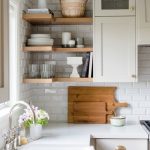 open shelving kitchen // white countertops // white cabinets // farmhouse  decor