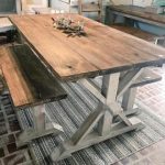 Rustic Pedestal Farmhouse Table With Benches Provincial Brown with White  Distressed Base Dining Set