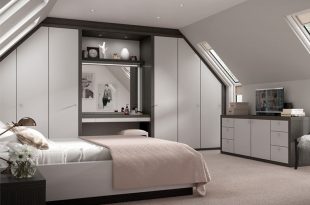 Contemporary bedroom with matt grey fitted furniture and storage