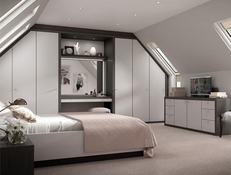Contemporary bedroom with matt grey fitted furniture and storage