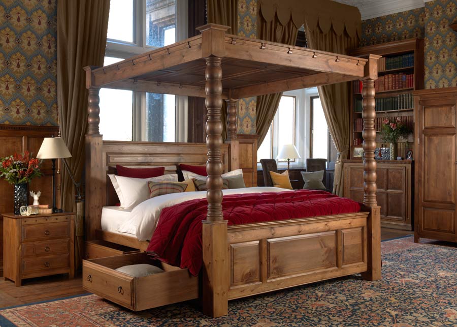 Solid Wood Four Poster Bed with Storage Drawers