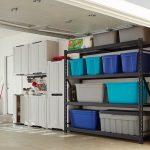 garage shelving with plastic storage tubs