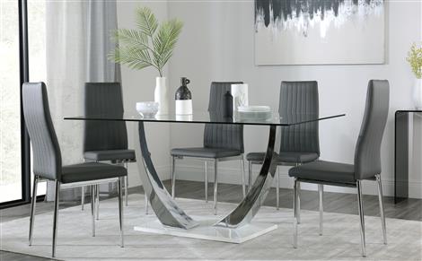 Peake Glass and Chrome Dining Table (White Gloss Base) with 6 Leon Grey  Chairs