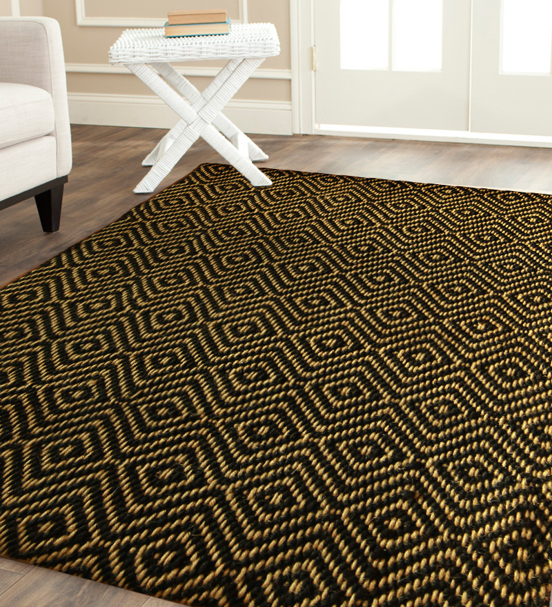 smart patterned black jute rug design with yellow pattern on washed white  flooring with white furniture