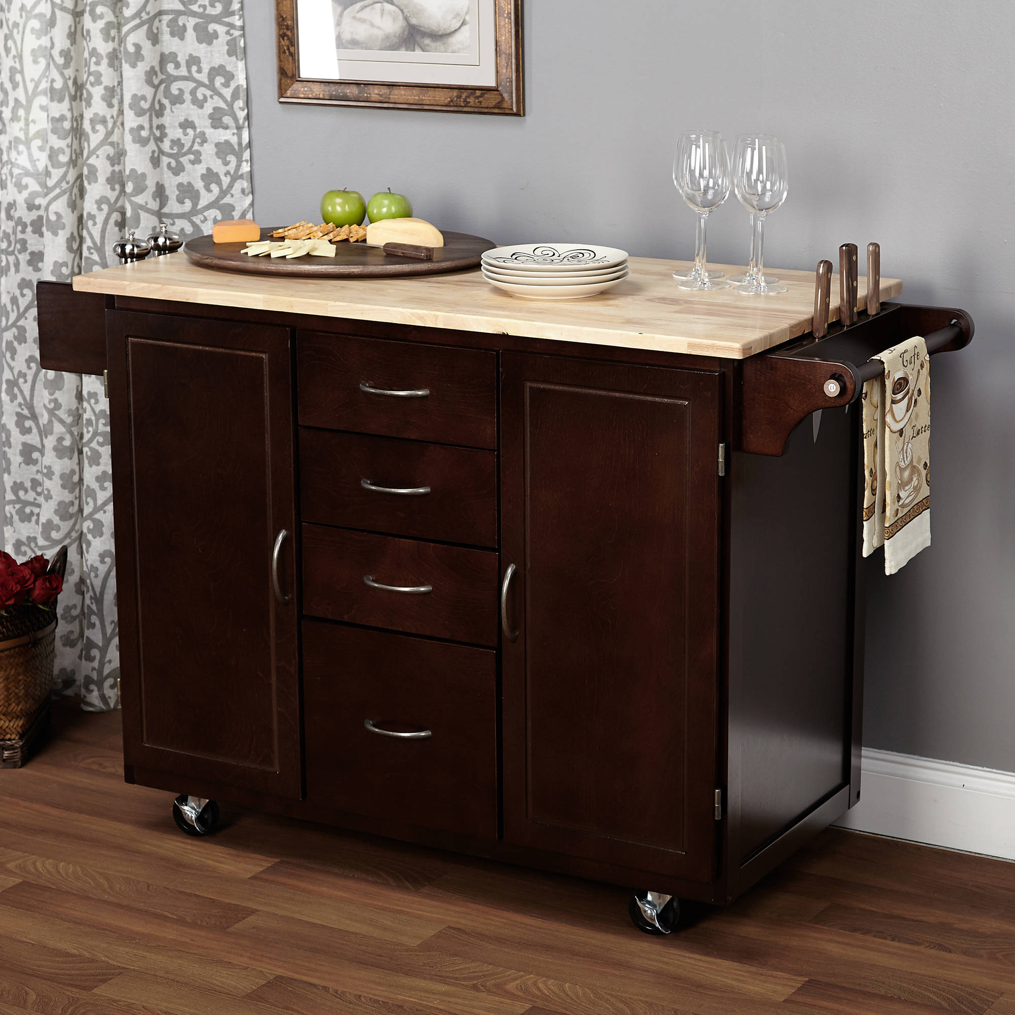 eHemco Kitchen Island Cart Natural Butcher Block Bamboo Top with White Base  - Traveller Location