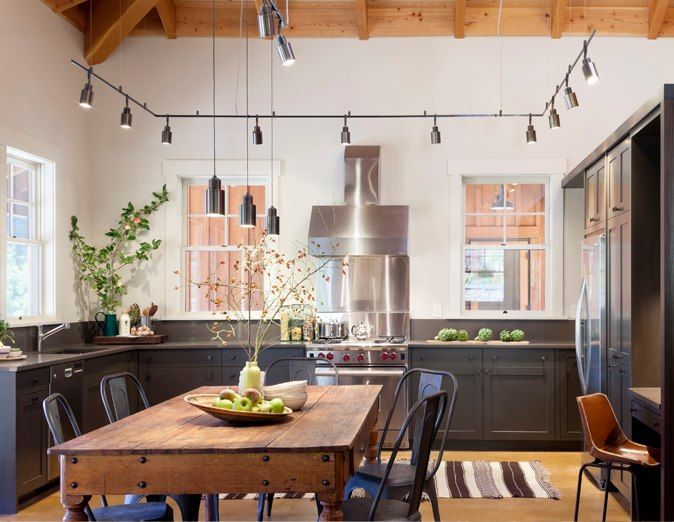 Industrial kitchen design with perimeter track lighting and rustic
