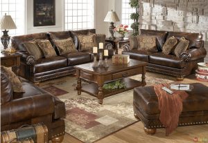 Traditional Brown Bonded Leather Sofa & Loveseat Living Room Set NailHead  Trim | eBay