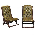 Pair of English Green Leather Turn of the Century Tufted Slipper Chairs For  Sale at 1stdibs