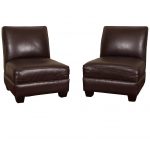 Pair of Chocolate Brown Leather Slipper Chairs For Sale