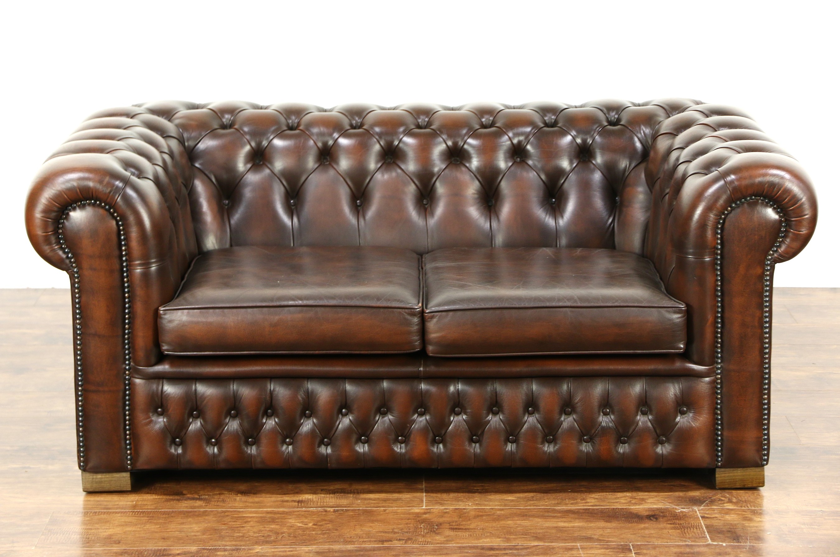 SOLD - Chesterfield Tufted Brown Leather Vintage Scandinavian Loveseat -  Harp Gallery