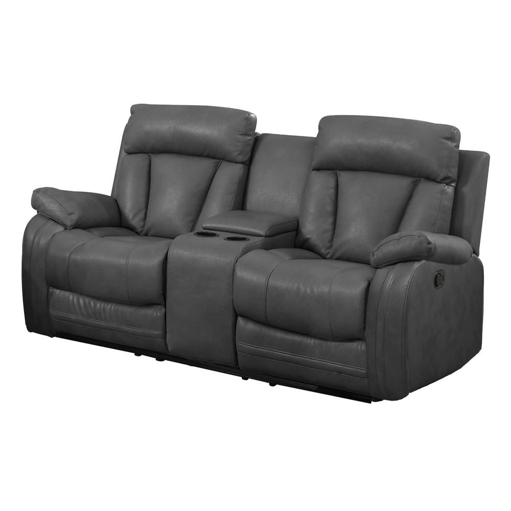 Gray Bonded Leather Motion Loveseat (2 Reclining Seats) and Console