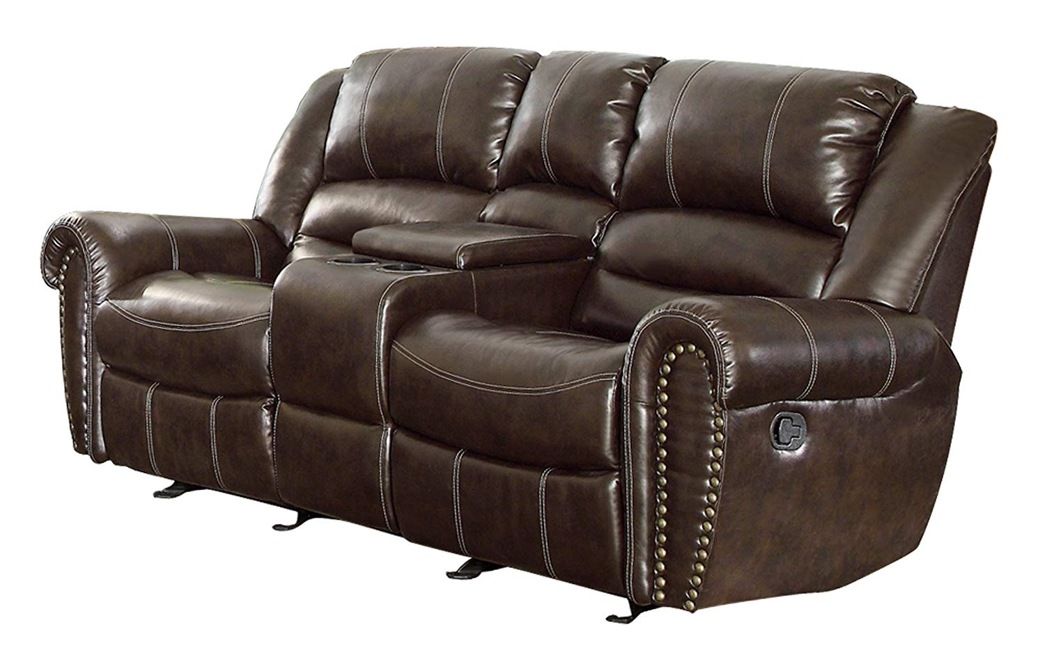 Traveller Location: Homelegance 9668BRW-2 Double Glider Reclining Loveseat with  Center Console Bonded Leather, Brown: Kitchen & Dining