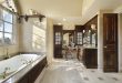 Luxury master bathroom with custom woodwork.