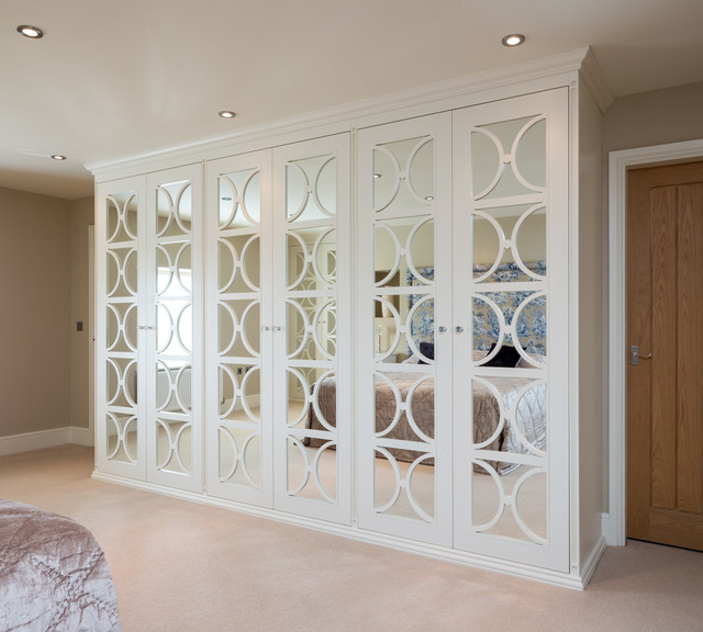 Mirrored Wardrobes with Fretwork Transitional Closet
