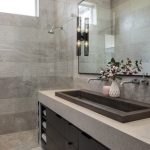 Example of a mid-sized minimalist master gray tile gray floor bathroom  design in Miami