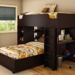 This sleek and modern bed features a perpendicular-aligned lower twin bed  beneath rich dark