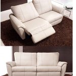 Modern Reclining Loveseat in ivory color touch with dark brown furry rug  viewing gallery