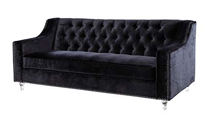 Iconic Home Dylan Modern Tufted Black Velvet Sofa with Silver Nail Head  Trim & Round Acrylic