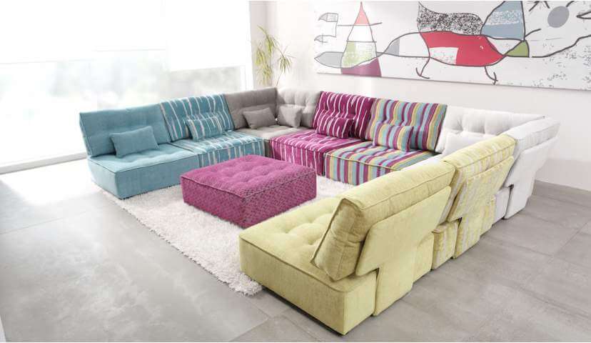 U shaped Alice modular sofa clockwise in blue, grey, pink, mixed stripe,