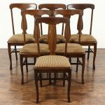 SOLD - Set of 6 Antique 1900 Quarter Sawn Oak Dining Chairs, New Upholstery  - Harp Gallery
