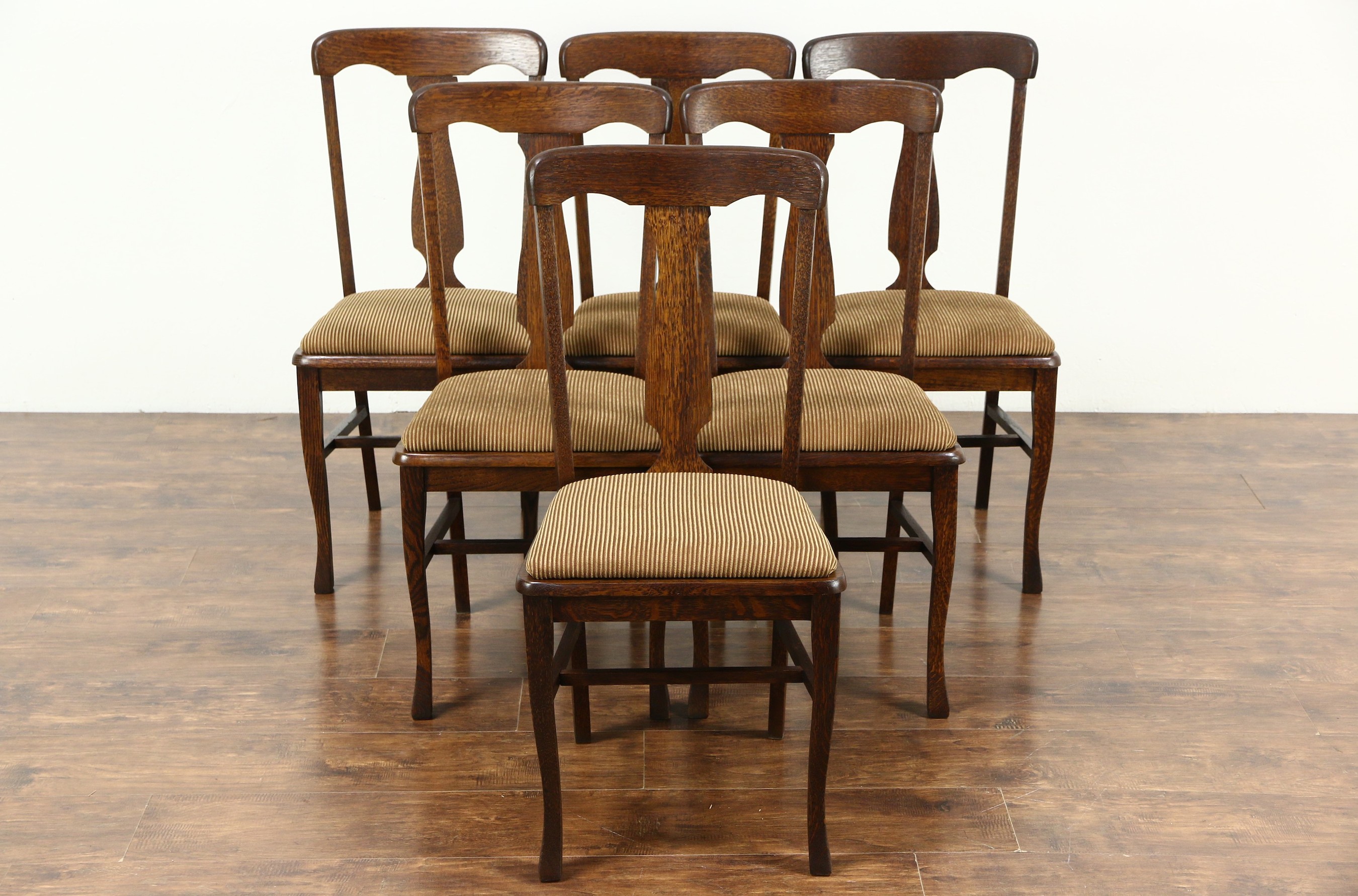 SOLD - Set of 6 Antique 1900 Quarter Sawn Oak Dining Chairs, New Upholstery  - Harp Gallery