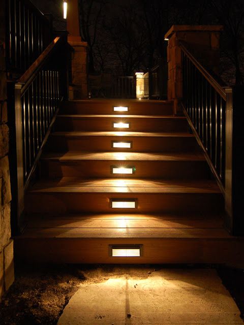 outdoor stair lighting: Elegant outdoor wooden staircases with LED