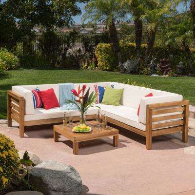 Oana Teak Finish 4-Piece Wood Outdoor Sectional Set with Beige Cushions