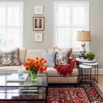 Transitional living room with oriental rug, custom textiles and nesting  tables.