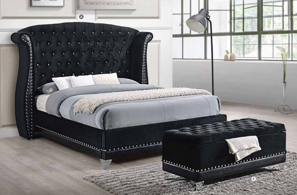 Barzini Black Velvet Queen Size Platform Bed 300643Q (Storage Bench sold  separately)