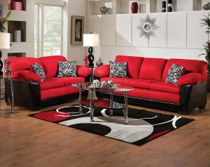 The Implosion Red Sofa and Loveseat Set is in your face bold! The bright red  sofa cushions, with the black leather-like fabric, is a knockout piece!