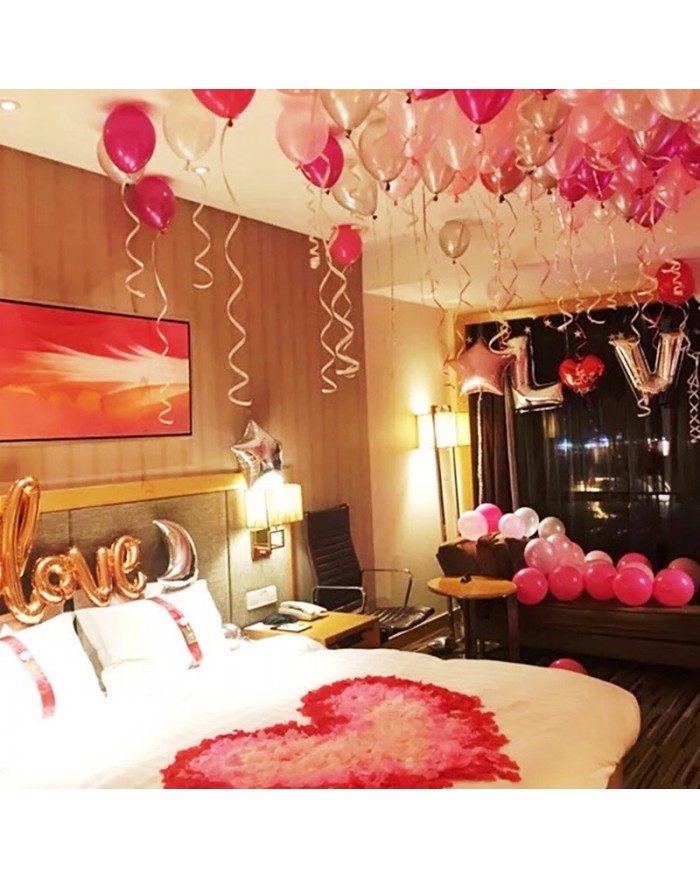 Romantic Room decoration with Rose Petals and 300 Balloons