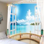 Window Seascape Waterproof Tapestry LIGHT BLUE: Wall Art W79 INCH
