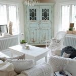 Mint Distressed Cabinet Makes an Accent in All White Shabby Chic Living Room