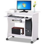 Small Computer Desks PC Table on Wheels with Sliding Keyboard Tray Shelf  Home Office Furniture White